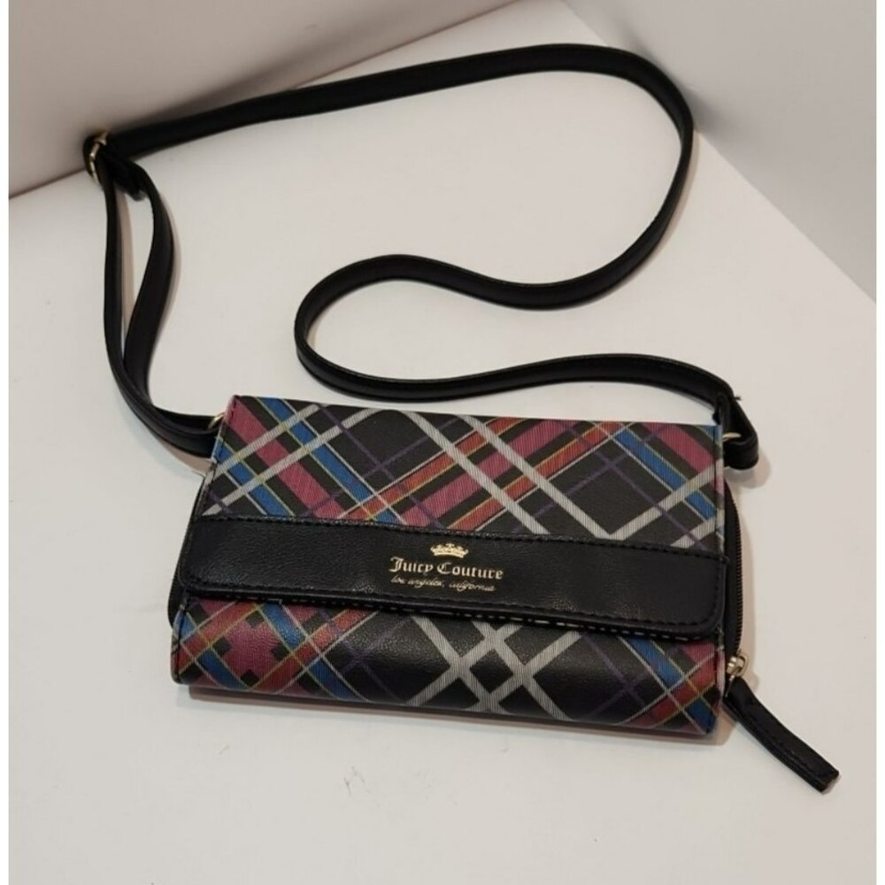 Juicy Couture On Tour Mini Plaid Crossbody Black Strap Tan Interior